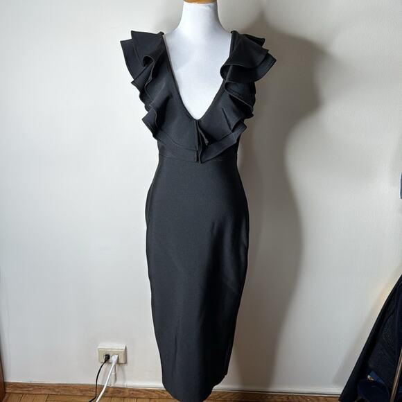 Fashion Nova Black Ruffle Pixie Bandage Midi Dress Pink crepe - Picture 2 of 10